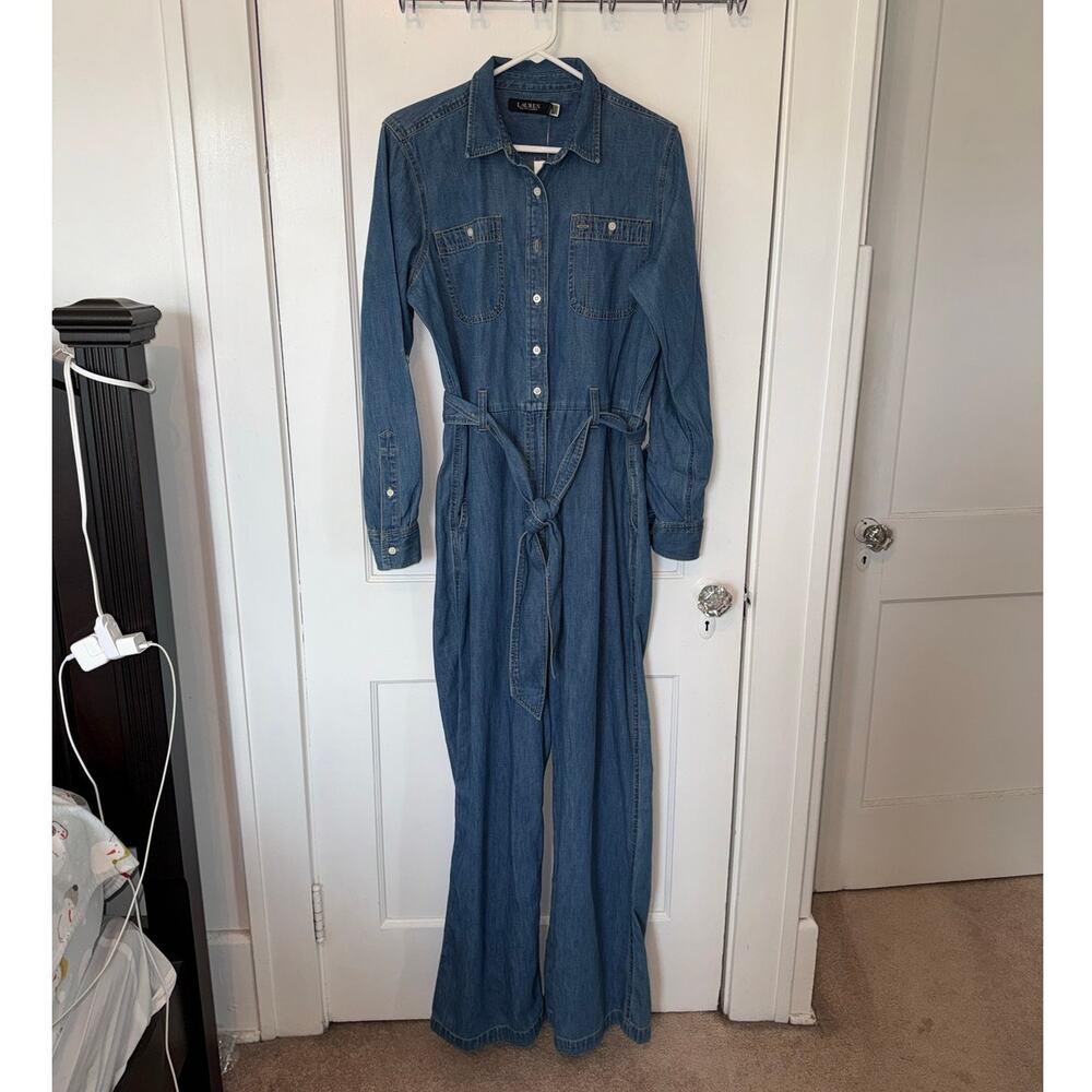 New Lauren Ralph Lauren Denim Wide Leg Jumpsuit Opal Wash size 12